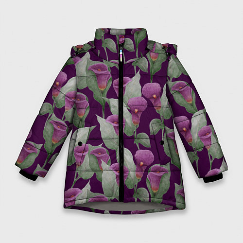 Зимняя куртка для девочки Фиолетовые каллы на темно фиолетовом фоне / 3D-Светло-серый – фото 1