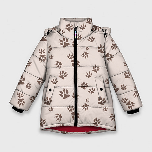 Зимняя куртка для девочки Бежевый паттерн лапки / 3D-Красный – фото 1