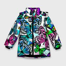 Куртка зимняя для девочки Рой цветных бабочек, цвет: 3D-черный