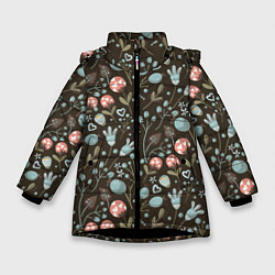 Куртка зимняя для девочки Цветы и ягоды паттерн, цвет: 3D-черный
