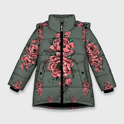 Куртка зимняя для девочки Нежные пионы на сером фоне, цвет: 3D-черный