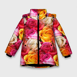 Куртка зимняя для девочки Красные, желтые и белые розы, цвет: 3D-черный