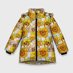 Куртка зимняя для девочки Желтые подсолнухи - паттерн, цвет: 3D-светло-серый