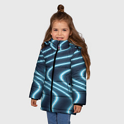 Куртка зимняя для девочки Неоновый свет Волны голубые на темном фоне, цвет: 3D-черный — фото 2