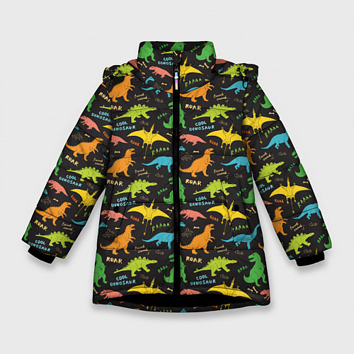 Зимняя куртка для девочки Разноцветные Динозавры / 3D-Черный – фото 1
