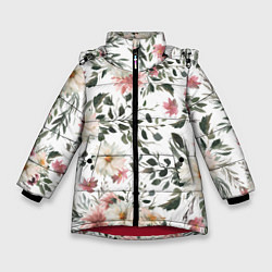 Куртка зимняя для девочки Цветы Акварельно-Белые, цвет: 3D-красный
