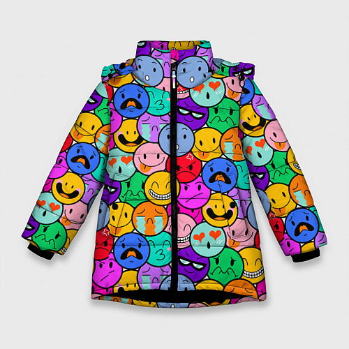 Зимняя куртка для девочки Sticker bombing смайлы маленькие / 3D-Черный – фото 1