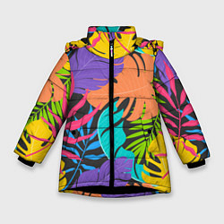 Куртка зимняя для девочки Тропические экзотические листья, цвет: 3D-черный