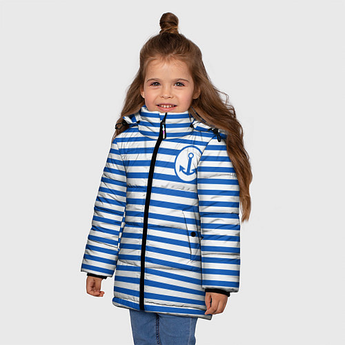 Зимняя куртка для девочки Морская тельняшка - бело-синие полосы и якорь / 3D-Светло-серый – фото 3