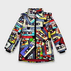 Куртка зимняя для девочки ТЕКСТУРА АУДИОКАССЕТ, цвет: 3D-красный