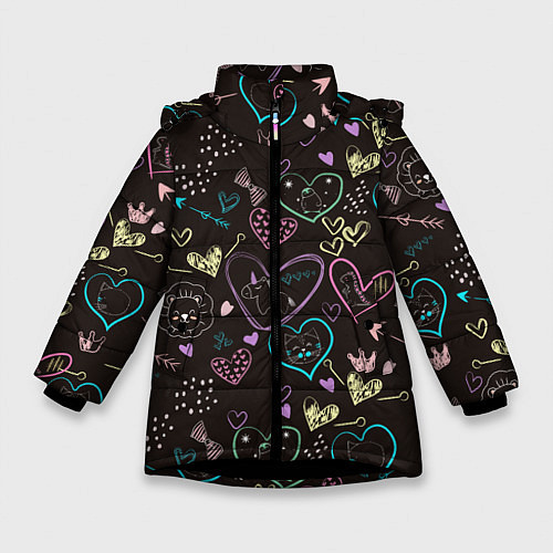 Зимняя куртка для девочки Паттерн милые животные и сердечки / 3D-Черный – фото 1