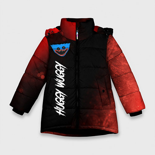 Зимняя куртка для девочки Надпись и лицо Huggy Wuggy на темном фоне с огнем / 3D-Черный – фото 1
