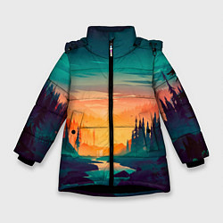 Куртка зимняя для девочки Лес на закате природа, цвет: 3D-черный