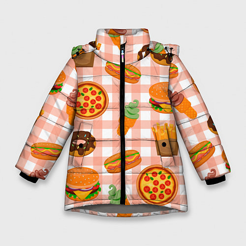 Зимняя куртка для девочки PIZZA DONUT BURGER FRIES ICE CREAM pattern / 3D-Светло-серый – фото 1
