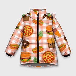 Куртка зимняя для девочки PIZZA DONUT BURGER FRIES ICE CREAM pattern, цвет: 3D-светло-серый