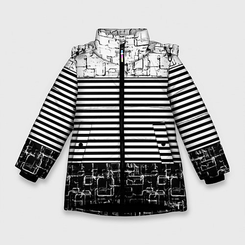 Зимняя куртка для девочки Черно-белый комбинированный абстрактный с полосаты / 3D-Черный – фото 1