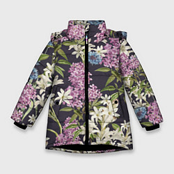 Куртка зимняя для девочки Цветы Розово-Сиреневые, цвет: 3D-черный