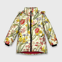 Куртка зимняя для девочки Цветы Весенние Тюльпаны, цвет: 3D-красный