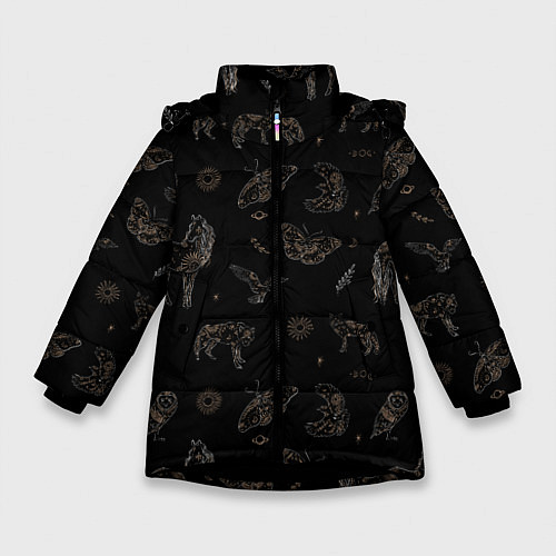 Зимняя куртка для девочки Мистические животные волк птица бабочка лошадь / 3D-Черный – фото 1
