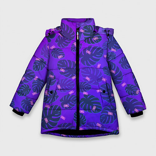 Зимняя куртка для девочки Неоновый Chill и пальмовые листья / 3D-Черный – фото 1