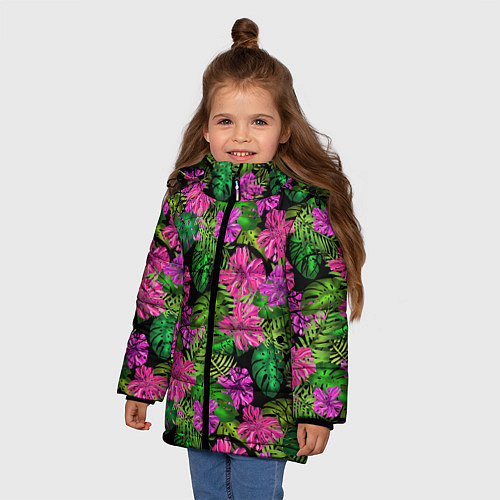 Зимняя куртка для девочки Тропические листья и цветы на черном фоне / 3D-Светло-серый – фото 3