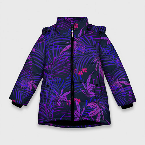 Зимняя куртка для девочки Цветы Красные В Ночных Джунглях / 3D-Черный – фото 1