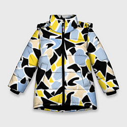 Куртка зимняя для девочки Абстрактный узор в желто-голубых тонах на черном ф, цвет: 3D-черный