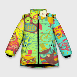 Куртка зимняя для девочки Весёлые совы, цвет: 3D-черный