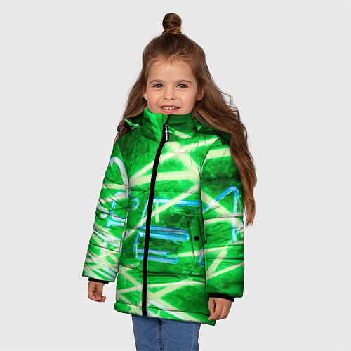 Зимняя куртка для девочки Неоновые лучи и буквы - Зелёный / 3D-Красный – фото 3