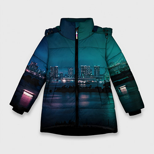 Зимняя куртка для девочки Неоновый город с рекой - Светло-зелёный / 3D-Черный – фото 1