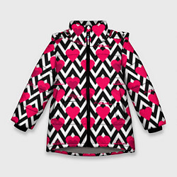 Куртка зимняя для девочки Красные сердца на черно-белом фоне зигзаг, цвет: 3D-светло-серый