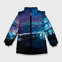 Куртка зимняя для девочки Неоновый город и мост - Синий, цвет: 3D-черный