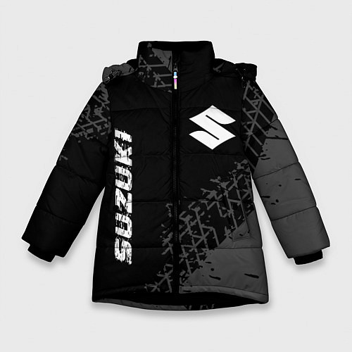 Зимняя куртка для девочки Suzuki Speed на темном фоне со следами шин / 3D-Черный – фото 1