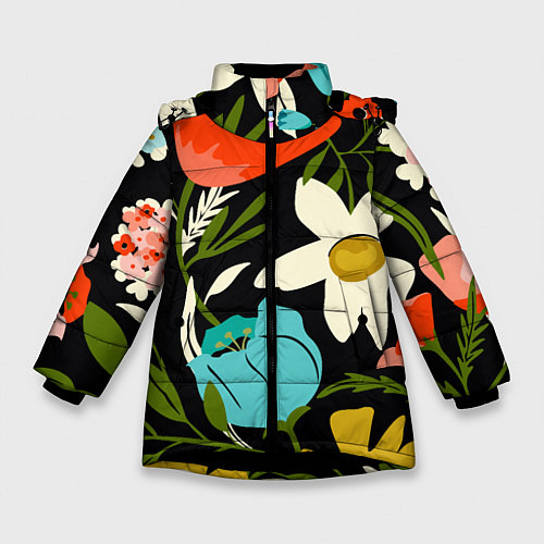 Зимняя куртка для девочки Яркие цветы на фоне тёмной летней ночи / 3D-Черный – фото 1