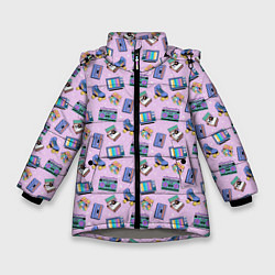 Куртка зимняя для девочки РЕТРО ПАТТЕРН 80-е, цвет: 3D-светло-серый