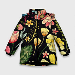 Куртка зимняя для девочки Яркие цветы на фоне тёмной летней ночи!, цвет: 3D-черный