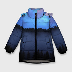 Куртка зимняя для девочки Неоновое небо над лесом, цвет: 3D-светло-серый