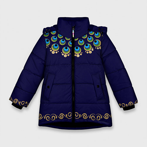 Зимняя куртка для девочки Павлиньи перья с вензелями / 3D-Черный – фото 1