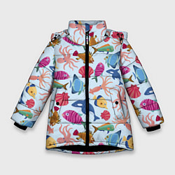 Куртка зимняя для девочки Паттерн из морских жителей Лето, цвет: 3D-черный