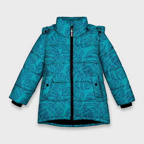 Зимняя куртка для девочки Синие листья монстеры на голубом / 3D-Черный – фото 1