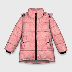 Зимняя куртка для девочки Бежевые листья монстеры на розовом