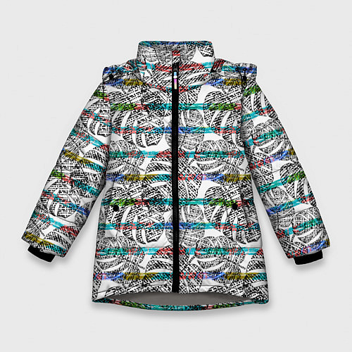 Зимняя куртка для девочки Черно -белые листья монстеры на цветных полосах / 3D-Светло-серый – фото 1
