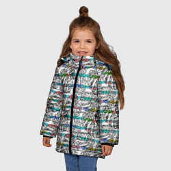 Куртка зимняя для девочки Черно -белые листья монстеры на цветных полосах, цвет: 3D-светло-серый — фото 2