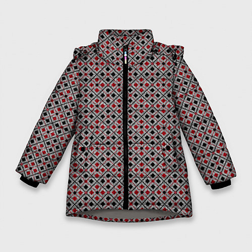Зимняя куртка для девочки Красный, черный квадраты на гранжевом сером / 3D-Светло-серый – фото 1