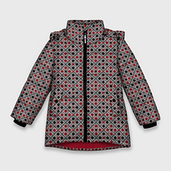 Куртка зимняя для девочки Красный, черный квадраты на гранжевом сером, цвет: 3D-красный