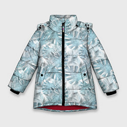 Зимняя куртка для девочки Голубые листья пальмы на белом