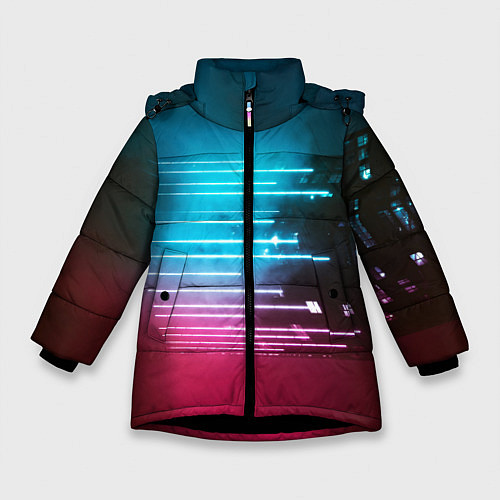 Зимняя куртка для девочки Неоновые лучи из парящего здания - Голубой / 3D-Черный – фото 1