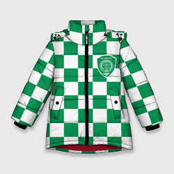 Зимняя куртка для девочки ФК Ахмат на фоне бело зеленой формы в квадрат