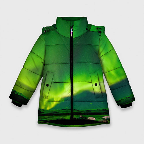 Зимняя куртка для девочки Абстрактное полярное сияние - Зелёный / 3D-Черный – фото 1