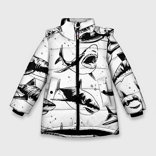 Зимняя куртка для девочки Кровожадные акулы - стая / 3D-Черный – фото 1